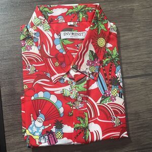 Men's Red Santa Claus Christmas Hawaiian Button Down Large Island Palm Tree NWT